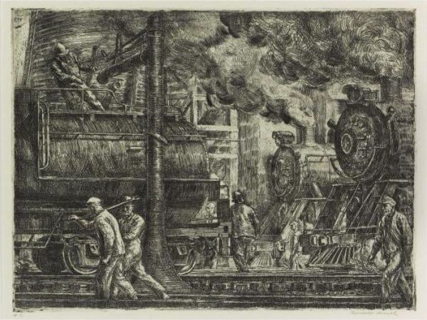 Erie R.r. Locos Watering (sasowsky 155) Oil Painting by Reginald Marsh