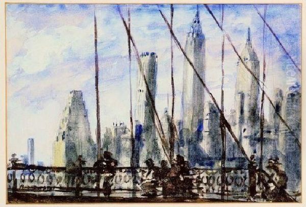 View Of New York From The Brooklyn Bridge Oil Painting by Reginald Marsh