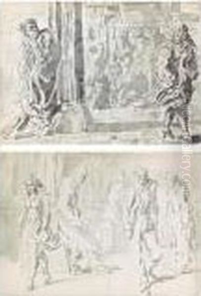 City Street Corner: A Double-sided Watercolor Oil Painting by Reginald Marsh