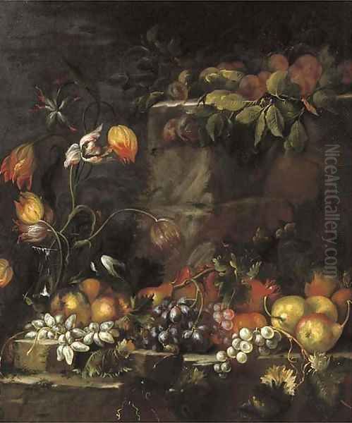 A glass vase with tulips, and apples, grapes, pears and other fruit on a stone ledge Oil Painting by Giovanni di Paolo