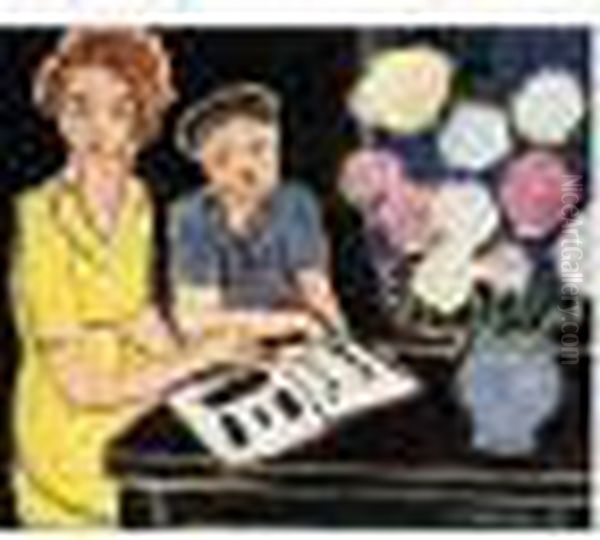 La Lecture (deux Fillettes, Bouquet De Pivoines Sur Fond Noir) Oil Painting by Henri Matisse