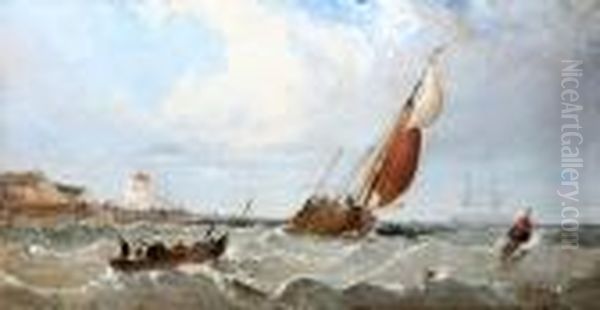 Shipping Off The Coast, A Martello Tower Beyond Oil Painting by Arthur Joseph Meadows