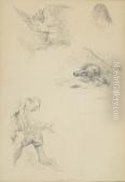 Studies Of A Chimera, Woman's Head, Bottle Old Sot Oil Painting by Jean-Louis-Ernest Meissonier