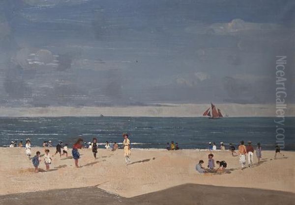 Figures On Gorleston Beach Under Summer Skies Oil Painting by Campbell A. Mellon