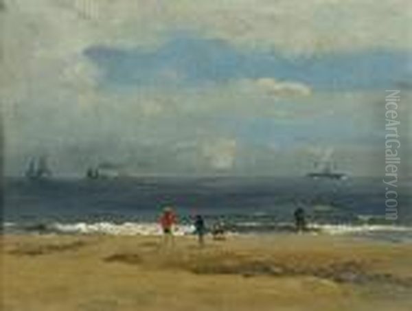 Figures On A Beach With Distant Shipping Oil Painting by Campbell A. Mellon