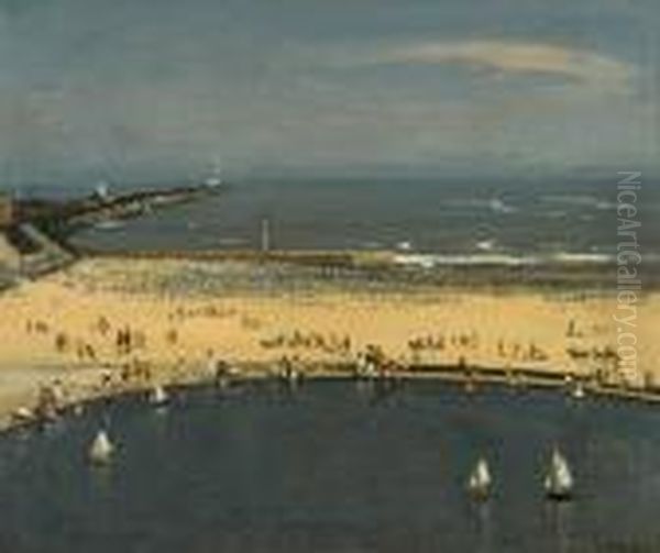 Crowded Beach, Gorleston, With Boating Pond Tothe Foreground Oil Painting by Campbell A. Mellon