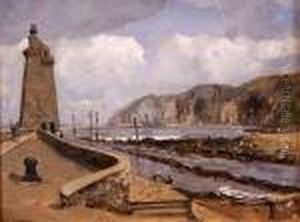 Harbour Scene With Figures And Lighthouse