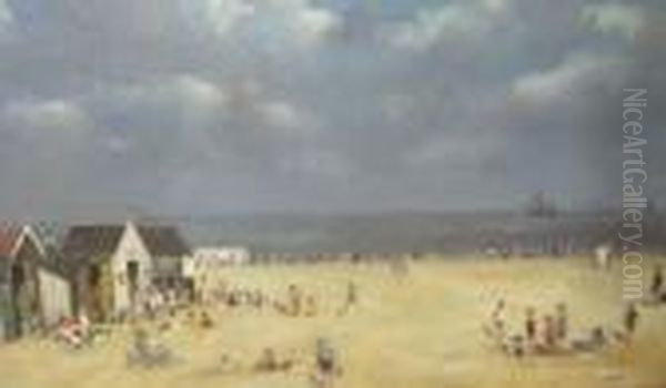 A Busy Beach Scene Oil Painting by Campbell A. Mellon