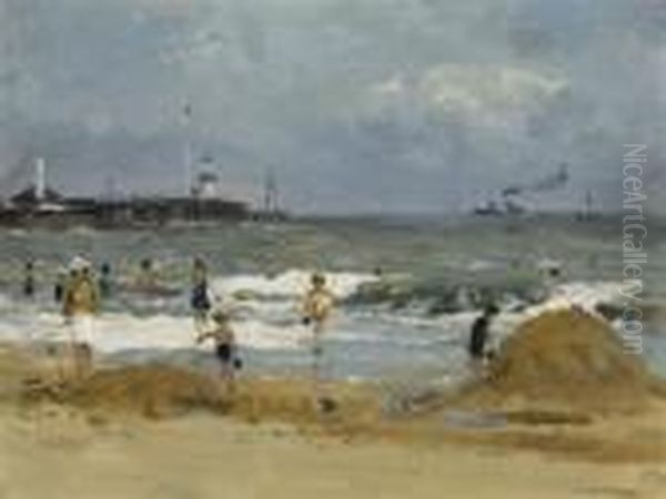 Sandcastles On The Beach Before Lowestoft Quay Oil Painting by Campbell A. Mellon