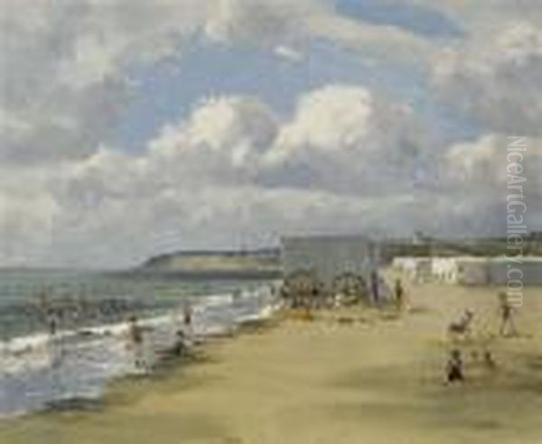 The Bathing Hut - Figures On Gorleston Beach Oil Painting by Campbell A. Mellon