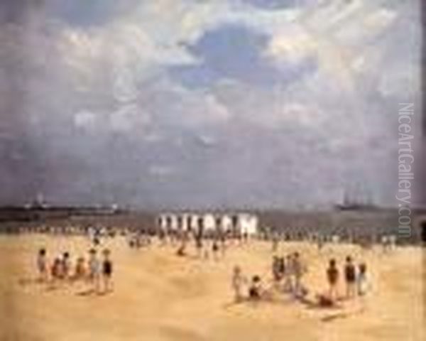 Busy Day On Gorleston Beach Oil Painting by Campbell A. Mellon