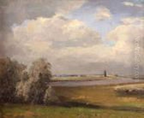 Norfolk River Landscape With Berney Arms Mill Oil Painting by Campbell A. Mellon