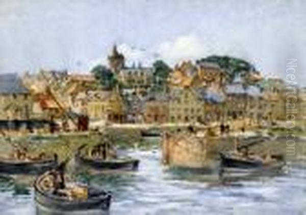 A Busy Harbour Oil Painting by Campbell A. Mellon