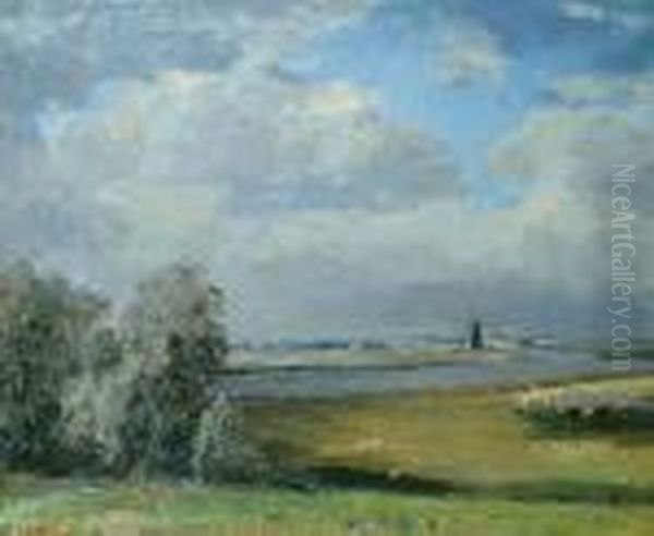A Norfolk Landscape, With Windmills Oil Painting by Campbell A. Mellon