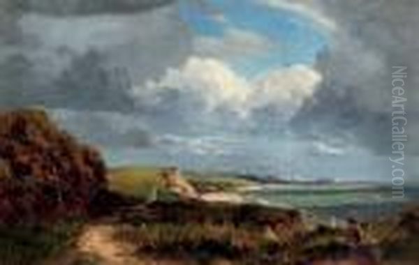 Figures On A Coastal Path, A Town In The Distance Oil Painting by Campbell A. Mellon