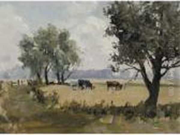 Three Cows In A Pasture Oil Painting by Campbell A. Mellon