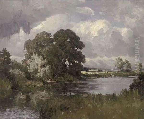 River Landscape With Fisherman Oil Painting by Campbell A. Mellon