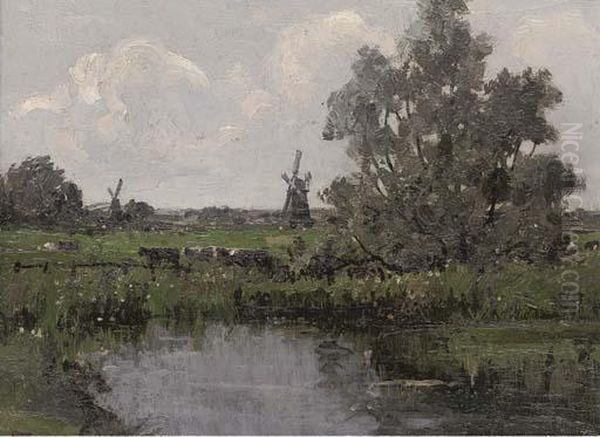 Windmills In A Landscape Oil Painting by Campbell A. Mellon