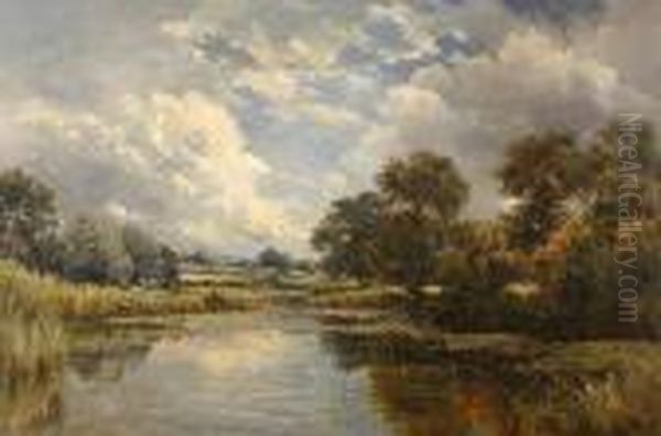 A River Scene With Waterlilies Oil Painting by Campbell A. Mellon
