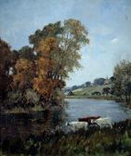 Cattle On A River Bank Oil Painting by Campbell A. Mellon