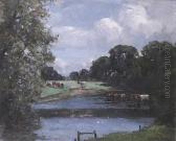 Cattle Crossing The River At Hopton Oil Painting by Campbell A. Mellon