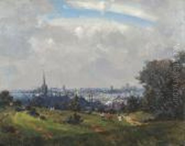 Kite Flying On Mousehold Heath, With View Of Norwich Beyond Oil Painting by Campbell A. Mellon