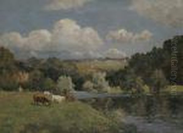 Country Landscape With Cattle Grazing Oil Painting by Campbell A. Mellon