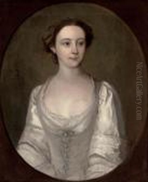 Portrait Of A Lady, Half-length, In An Oyster Satin Dress With Pearls, In A Feigned Oval Oil Painting by Philippe Mercier