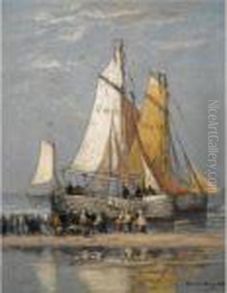 The Return Of The Fishing Fleet On Scheveningen Beach Oil Painting by Hendrik Willem Mesdag