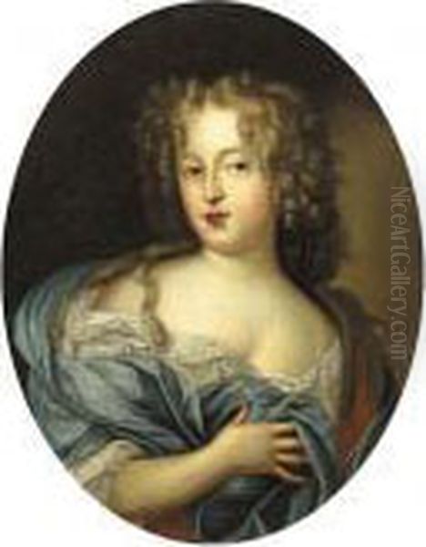 Portrait Of A Lady, Wearing A Blue Dress With Lace Chemise And Wrap Oil Painting by Pierre Mignard