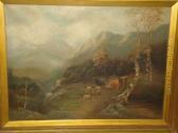 Highland Landscape With Cattle And Sheep On A Track Oil Painting by Carl Milles