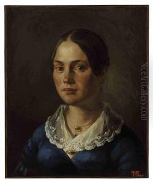 Portrait Of Madame Martin Signed
 With Monogram 'jfm.' Oil On Canvas 18Â¼ X 15 In. Painted In 1840 Oil Painting by Jean-Francois Millet