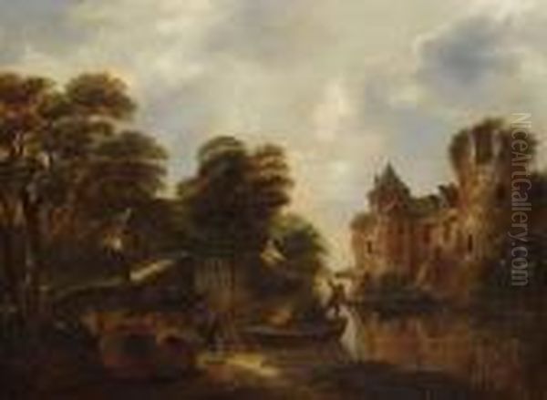 Umkreis - Flusslandschaft Mit Dorf Und Ruine Oil Painting by Claes Molenaar (see Molenaer)