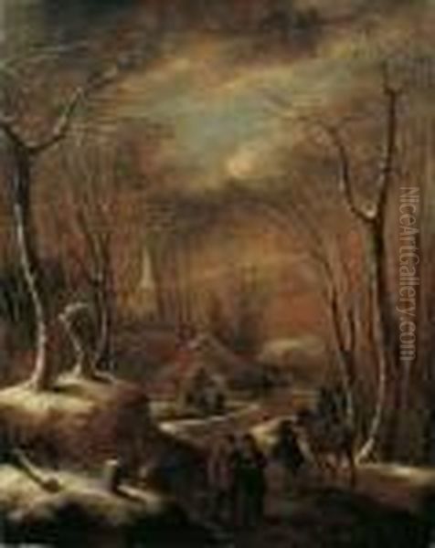 Winterlandschaft Mit Wanderern 
Vor Einem Dorf. Signiert Unten Rechts: K. Molenaer. Ol Auf Oil Painting by Claes Molenaar (see Molenaer)