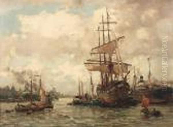 Bedrijvigheid In Rotterdamse Haven Oil Painting by Evert Moll