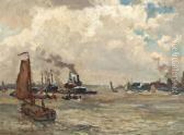 Schepen Op De Rotterdamse Maas Oil Painting by Evert Moll