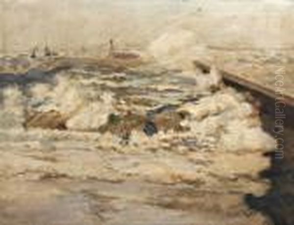 Opspattende Golven Bij Het Scheveningse Havenhoofd Oil Painting by Evert Moll
