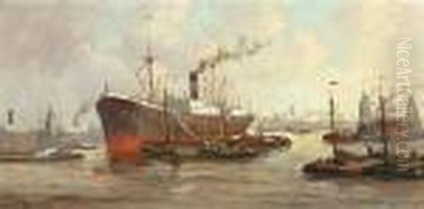Schepen En Silo's Rotterdamse Haven Oil Painting by Evert Moll