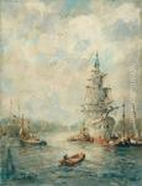 Three-master In The Harbour Oil Painting by Evert Moll