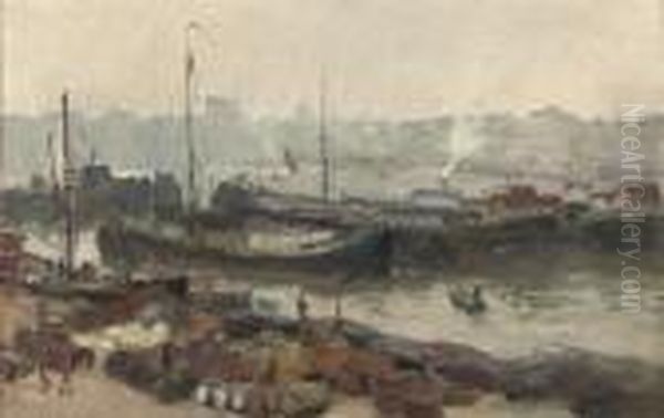 A Busy Day On The River Maas, Rotterdam Oil Painting by Evert Moll