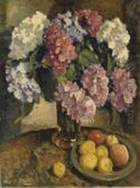 Colourful Hydrangeas And Fruits On A Table Oil Painting by Evert Moll