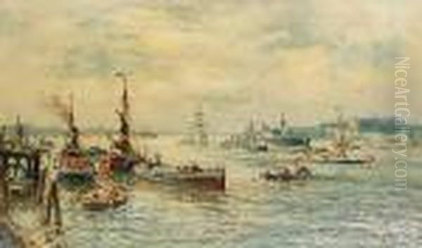 A Busy Stretch Of Rotterdam Harbour Oil Painting by Evert Moll