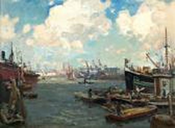 Bedrijvigheid In Rotterdamse Haven Oil Painting by Evert Moll