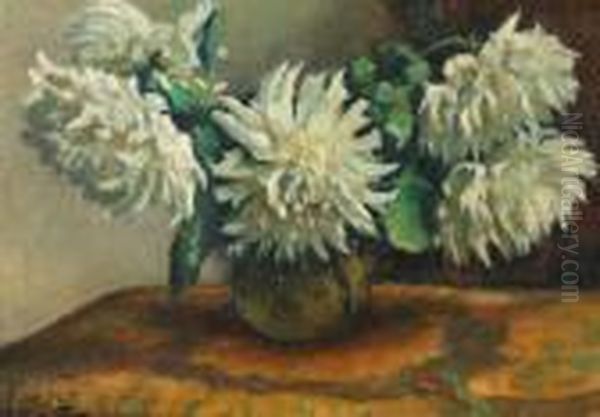 Witte Dahlia's In Een Glazen Vaas Oil Painting by Evert Moll