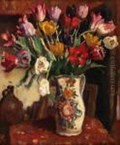 Tulpen In Een Beschilderde Aardewerk Kruik Oil Painting by Evert Moll