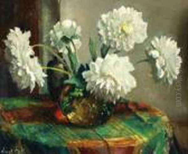 Witte Dahlia's In Een Glazen Vaas Oil Painting by Evert Moll