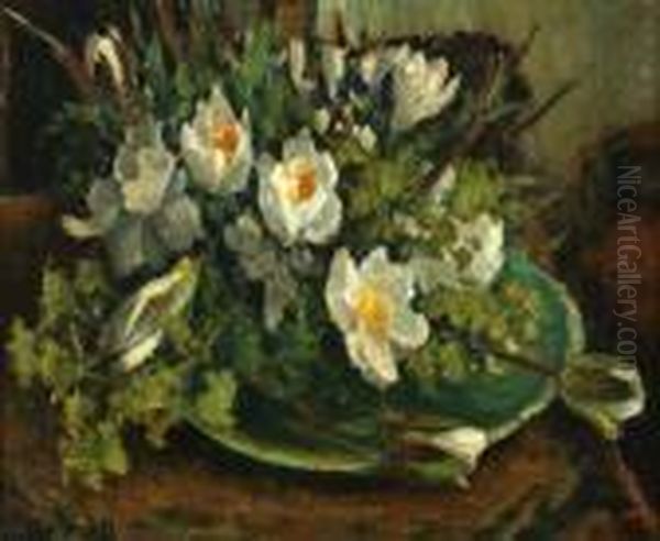 Witte Waterlelies Op Een Groene Schaal Oil Painting by Evert Moll