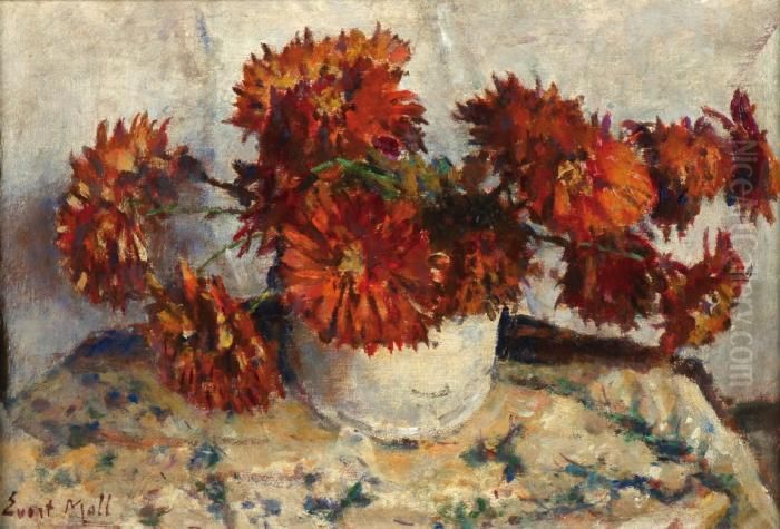 Rode Dahlia's In Een Witte Pot Oil Painting by Evert Moll