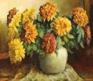 Veelkleurige Dahlia's In Een Witte Pot