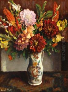Veelkleurig Boeket Bloemen In Een Veelkleurige Aardewerk Kruik